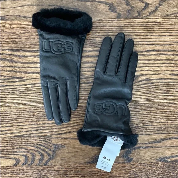 UGG Black Leather Gloves with Fur Trim - Picture 3 of 6